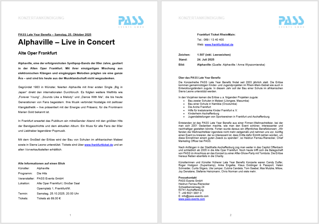 Pressemeldung Alphaville PASS EVENTS